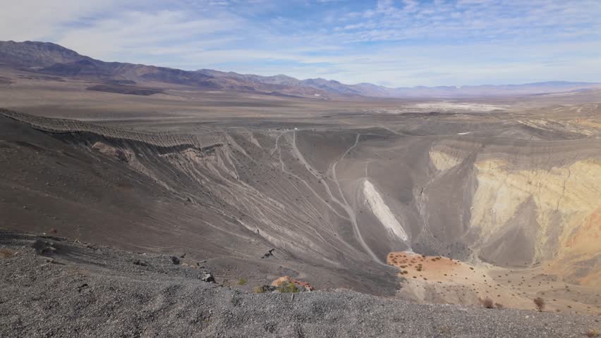 Gimbal super wide panning shot from the summit rim trail of Ubehebe Crater in Death Valley, California. 4K