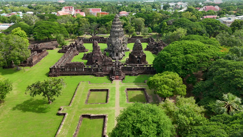 Drone footage aerial view of Phimai Historical Park. the ancient stone temple structures from the Khmer empire. Nakhon Ratchasima, Thailand