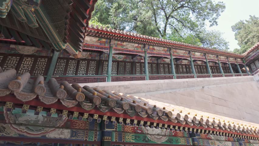 Long painted corridor walkway with ornate beams and lattice windows at Beijing Summer Palace