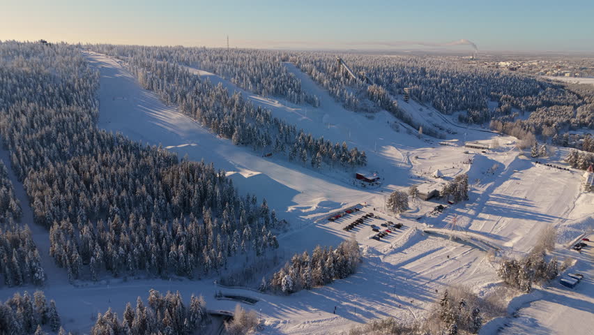 Aerial Dolly In Ounasvaara Ski Resort in Finnish Lapland in Wintertime