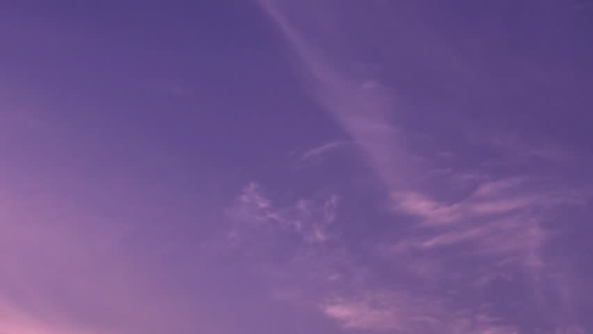 Beautiful Purple Blue Sunrise Sky and Light Feathery Clouds and Sun Timelapse Slow Motion. Morning Colorful Skyscraper Cirrus Cloud, Colored Atmosphere Time Lapse, Color Summer Sky Firmament Heaven.