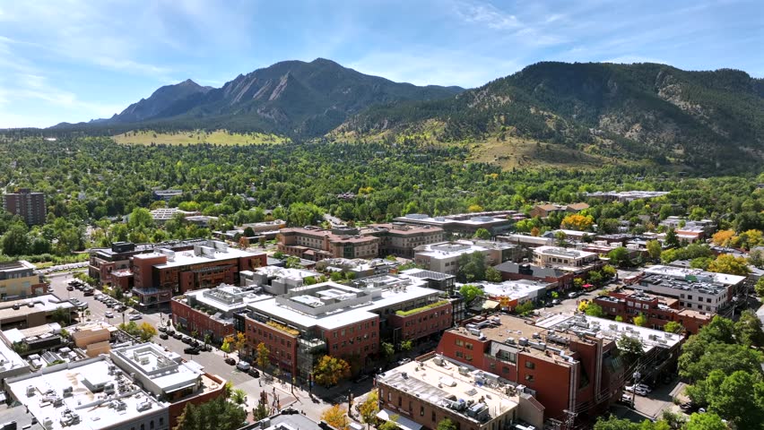 Aerial Drone Flyover Of Pearl Street in Downtown Boulder Colorado on a clear Fall day