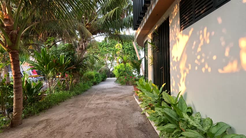 Tropical Island Walkway Between Buildings Fulidhoo Maldives