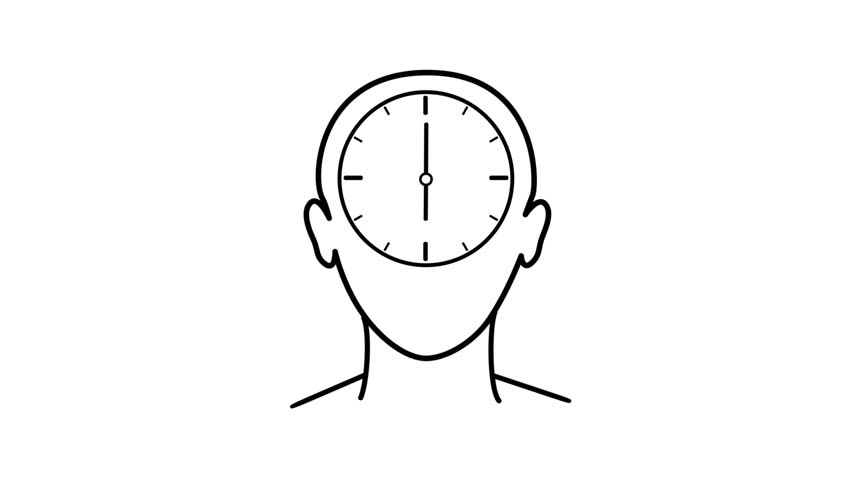 Minimal line animation of a front facing human head icon with a rotating clock inside representing circadian rhythm and biological timing. Clean black line looping animation on light background, alpha transparent, ideal for sleep science visuals, neuroscience concepts, and health infographic graphics.