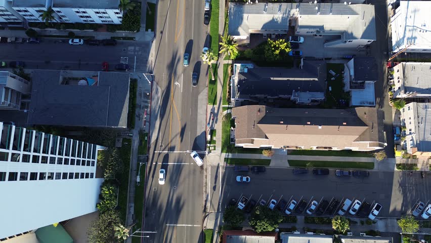 Ocean Blvd corridor grid near Alamitos Beach with high-rise and low-rise buildings, palm lined lanes, mixed residential forms coastal neighborhood. Roof patterns, foliage density, Long Beach, CA. USA