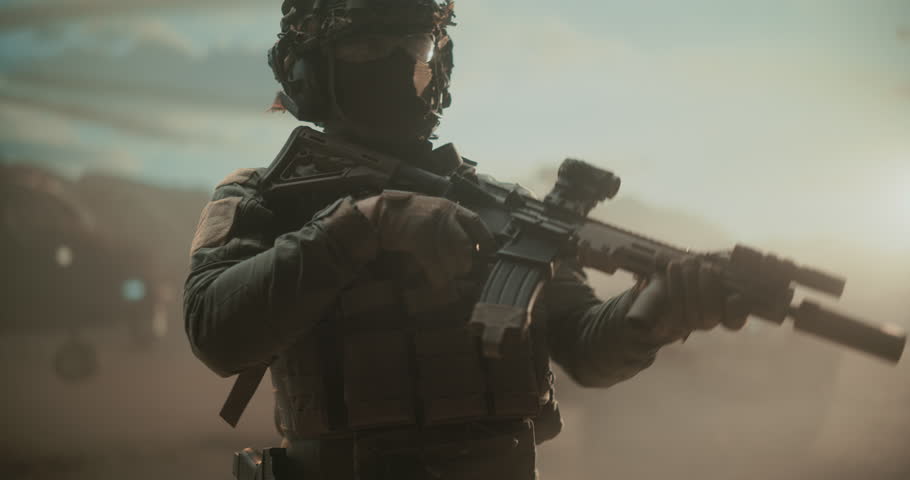 Portrait of Armed Special Forces Soldier Holding Weapon, Aiming at Enemies, Securing Zone, Fight in the Desert, Rifle Ready for Shoot and Kill, Modern Warfare Operation. Cinematic War Military Action