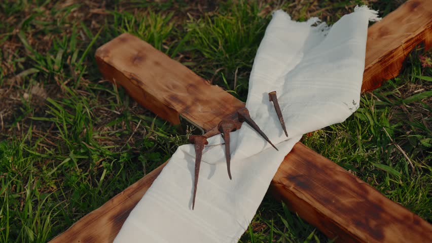 Large iron nails placed on white cloth over wooden cross symbolizing Jesus crucifixion and Easter passion