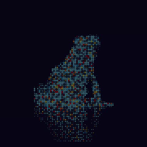 An illustration of a frog made up of numerous small dots in various colors, creating a mosaic effect against a dark background.