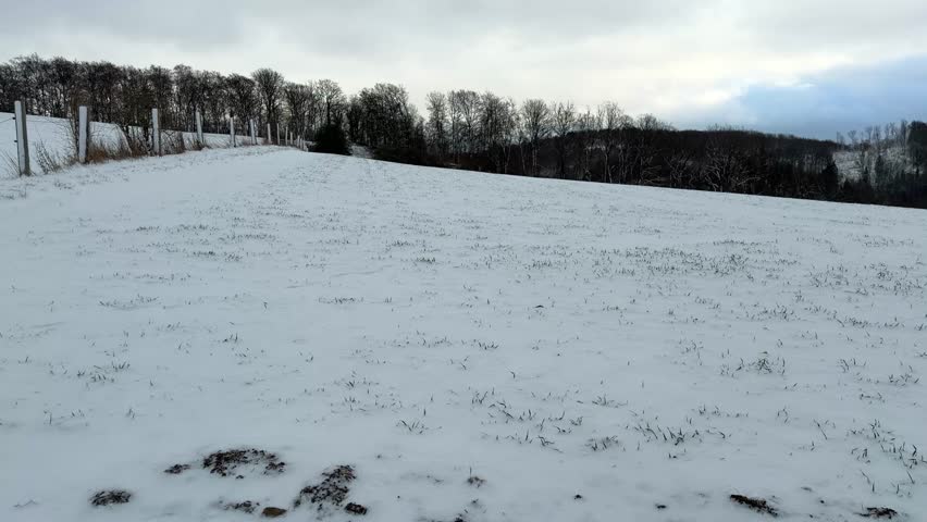 Winter landscape with snow-covered meadow and trees on the horizon in the Sauerland region