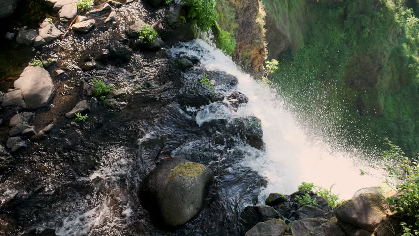 Water rushes over the rocky edge at the top of Multnomah Falls, plunging into the lush Columbia River Gorge below.