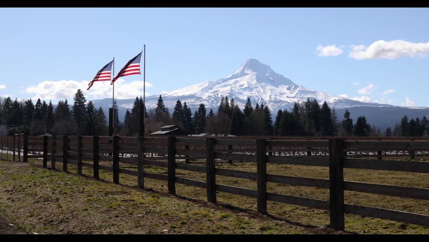 American flag waving in the wind with Mount Hood rising in the background in rural countryside near Hood River, Oregon, USA. Scenic Pacific Northwest landscape with snow covered mountain and evergreen forest under clear blue sky. Patriotic national symbol representing freedom, independence and pride in the United States. Ideal visual for Independence Day, July 4th themes, national identity, travel media, marketing projects and outdoor nature storytelling in cinematic 4K footage with natural movement perfect for background visuals and b roll.