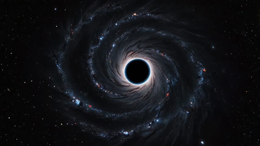 A stunning cosmic visualization of a black hole located at the center of a spiral galaxy.