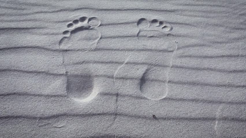 Footprints on the white sand of a Baltic beach in Poland