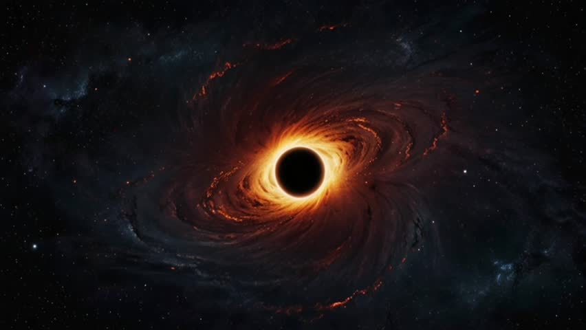 This space phenomenon shows extreme gravity pulling matter and light toward the dark center, creating a red-orange vortex of energy that contrasts with the galaxy