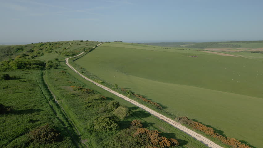 East Sussex, UK, 04-08-2025: South Downs National Park near Eastbourne. Aerial