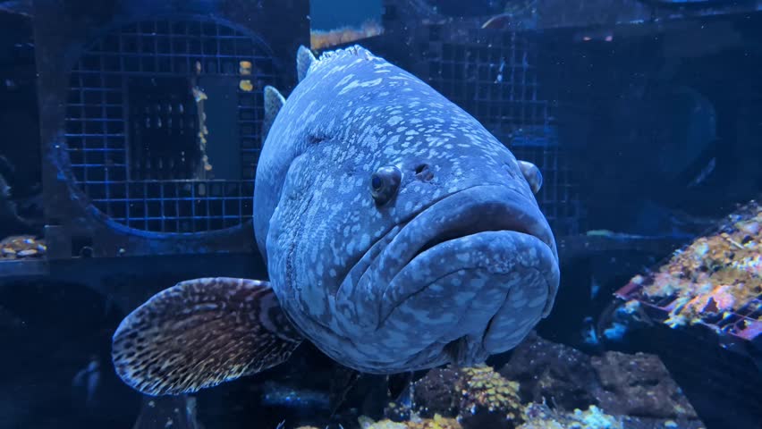 Giant grouper (Epinephelus lanceolatus) fish glides through an aquarium, revealing its unique patterns and textures amidst coral and submerged structures in the background