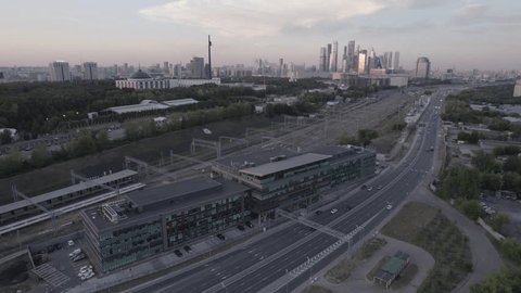 Aerial Drone Approaching Moscow Office Building Downward