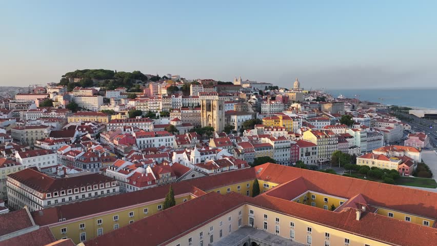 Aerial view of Lisbon, the capital of Portugal, at sunset.