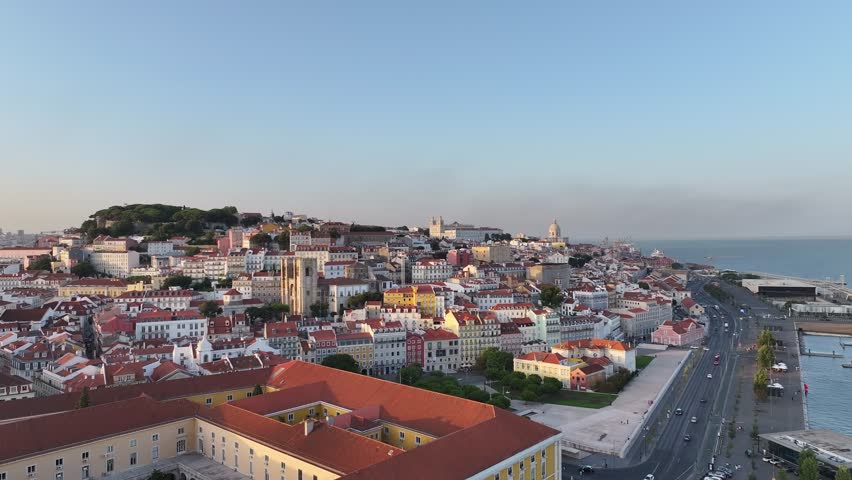 Aerial view of Lisbon, the capital of Portugal, at sunset.
