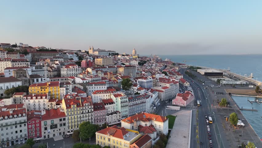 Aerial view of Lisbon, the capital of Portugal, at sunset.