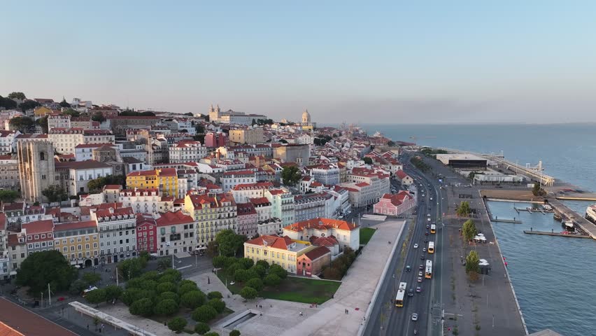 Aerial view of Lisbon, the capital of Portugal, at sunset.