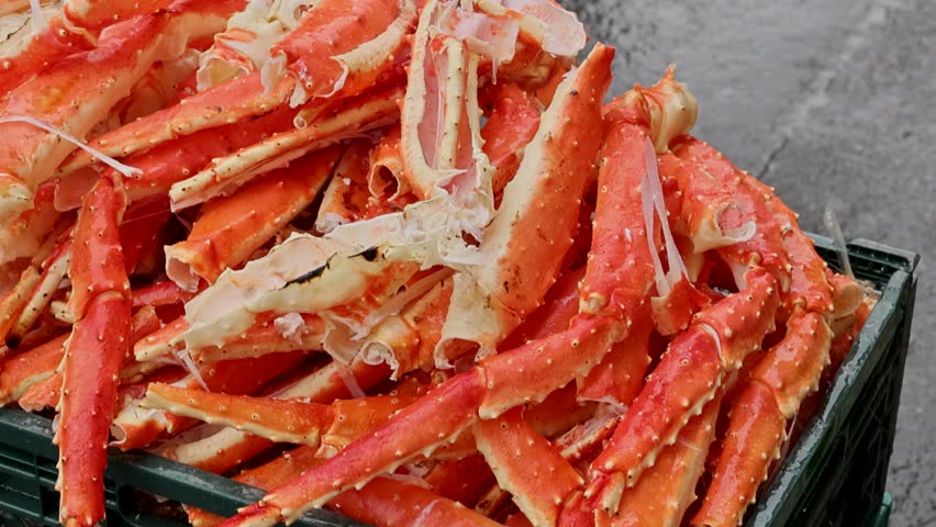 Fresh King Crab Legs Stacked at Japanese Seafood Market