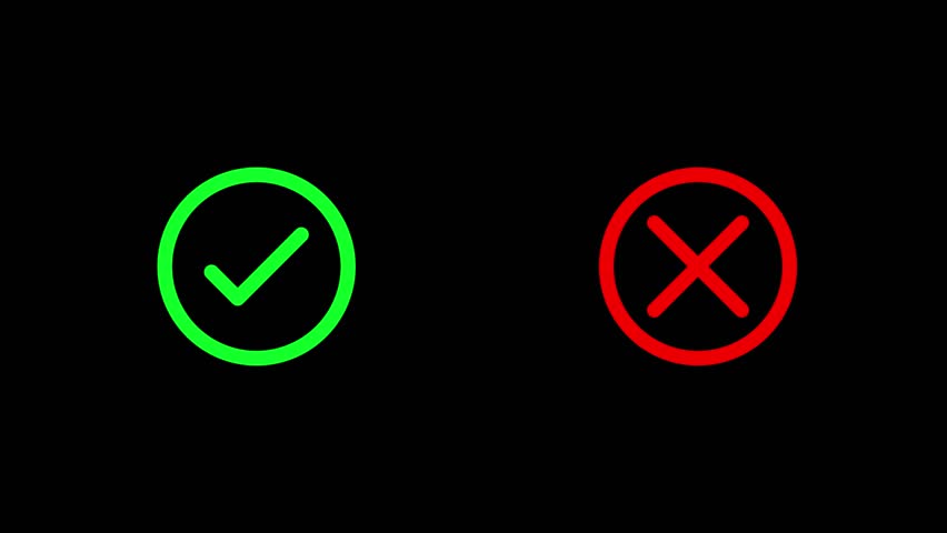 Pop up green check mark and red cross icon symbol on black background. Check box with right and wrong buttons and yes or no