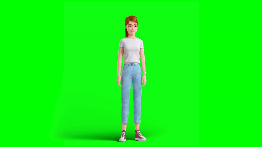 3D Animation of Illustrated Redhead Girl Dialing Number on Mobile Phone and Talking on Call Happily With Many Gestures And Expressions. Green Screen.