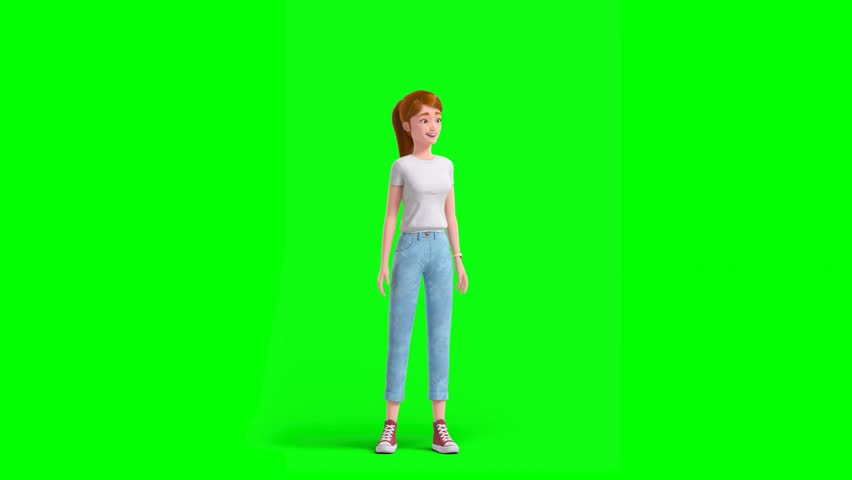 3D Animation of Illustrated Redhead Girl in Casual Outfit Jumping Out of Happiness and Raising Both Hands While Giving Smiling Expressions and Gestures on Green background.