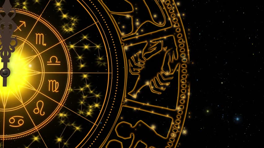Mystical Golden Zodiac Wheel with Astrology Signs and Sparkling Constellations on Cosmic Background