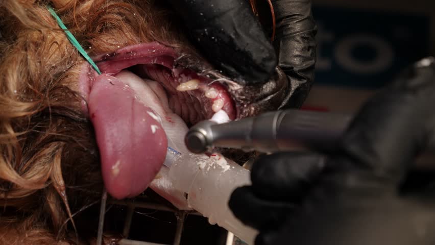 Veterinarian cleaning a dirty mouth on a Yorkshire terrier. Close up