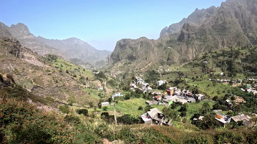 Aerial view of lush Paul Valley on Santo Antao island in Cape Verde