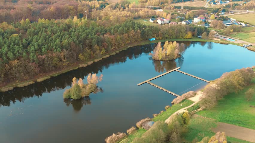 Aerial view of autumn forest with lakes