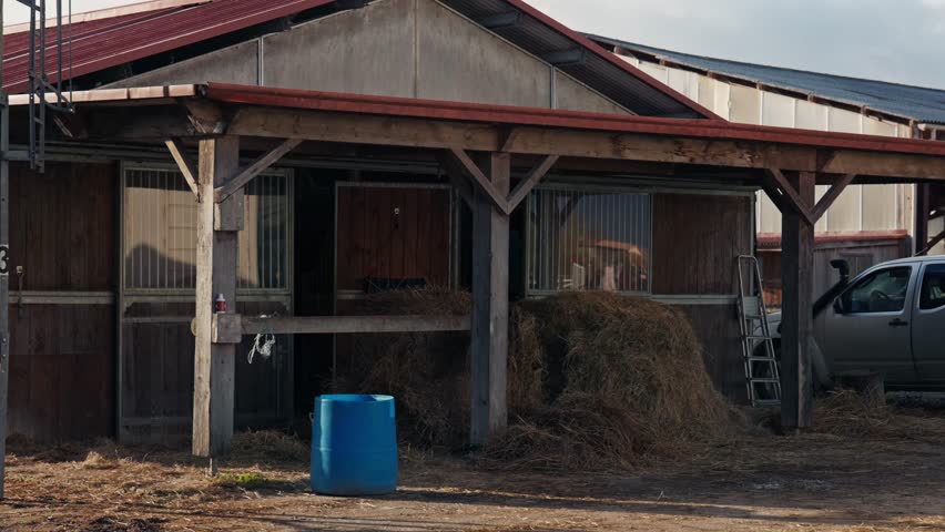 Wide exterior shot of a functional wooden stable with horse stalls. Large piles of hay sit under a sheltered porch next to farm equipment and a parked truck.