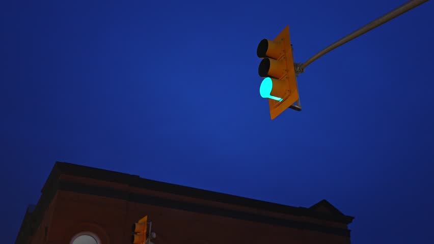 Downtown Bowmanville Overhanging Traffic Light at Night – Green Light