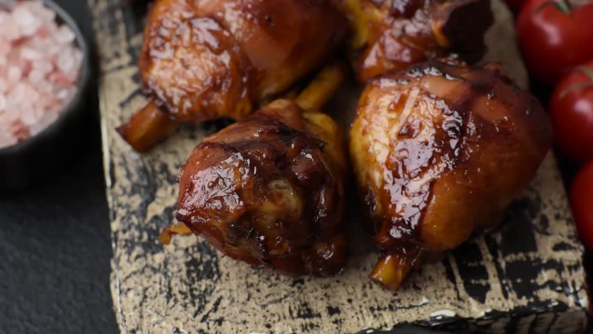 Fried chicken legs with teriyaki sauce, oven baked meat. Chicken legs as a food backdrop for your design