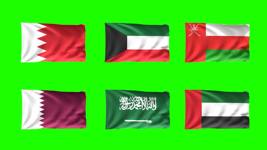 Gulf countries flags set isolated on green screen background, Looping video. 3D Render