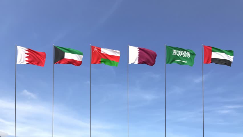Gulf countries flags waving on blue sky background, Middle East national flags, Group of GCC country. 3D Render