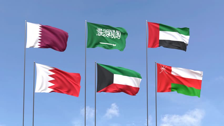 Collection of GCC country flags on blue sky backdrop, Middle East identity symbol, Looping video. 3D Render