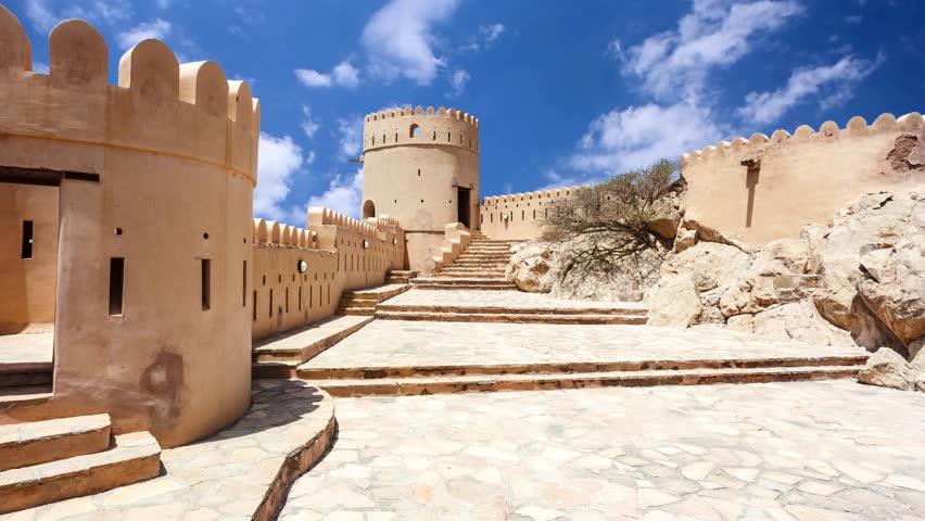 The castle of Jabrin, Jabreen, Bahlat, Ad Dakhiliyah region, Sultanate of Oman, Arabia, Middle East, Sculptural remains of the Ziggurat of Ur in Iraq under a clear skyScenic view of robust stone outer walls with strategic watchtowers of medieval Ribat of Monastir, fortified Islamic structure under clear sky of Tunisia