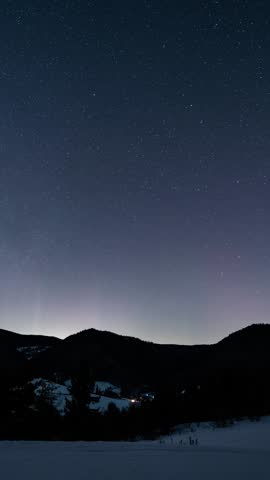 Red Aurora Borealis Over Winter Countryside in Central Europe, Vertical Timelapse
