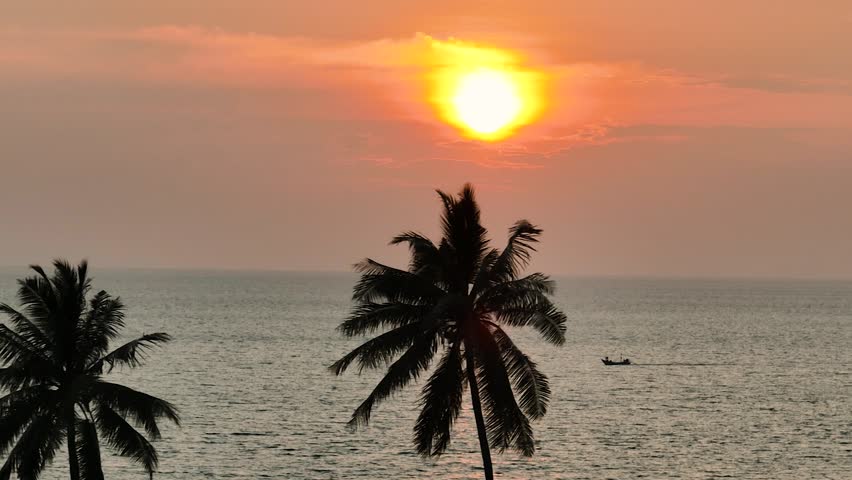 A tranquil sunset glows orange over the ocean with boats, view behind the palm trees. Ko Pha Ngan, Thailand.