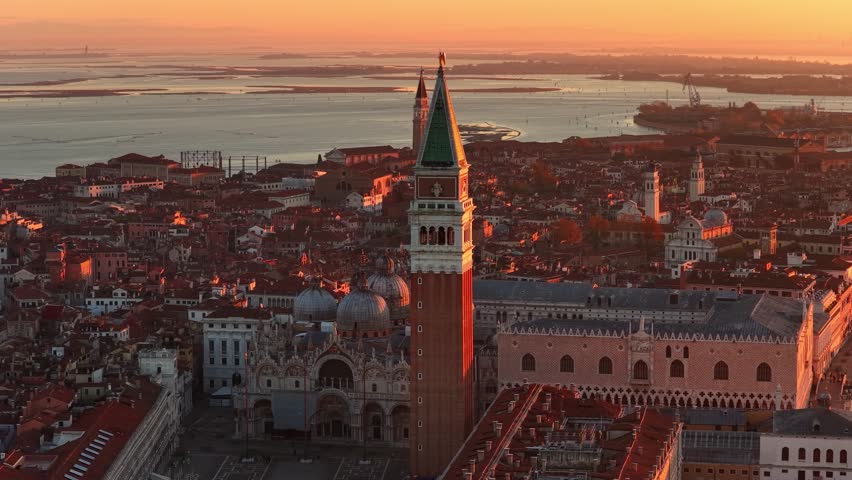 sunrise drone shot of Venice downtown at sunrise, aerial view, Italy tourist destination. High quality 4k footage