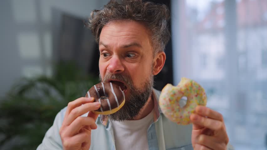 A man eating two donuts with pleasure and at the same time. Binge eating concept