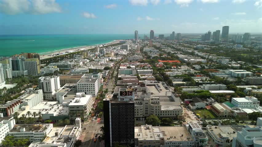 Miami Beach aerial coastal skyline with Atlantic Ocean and city hotels