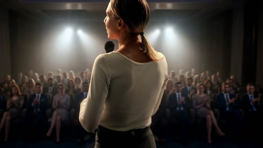 Female Presenter Shares Leadership Insights. Onstage Woman Delivers Motivational Leadership Speech