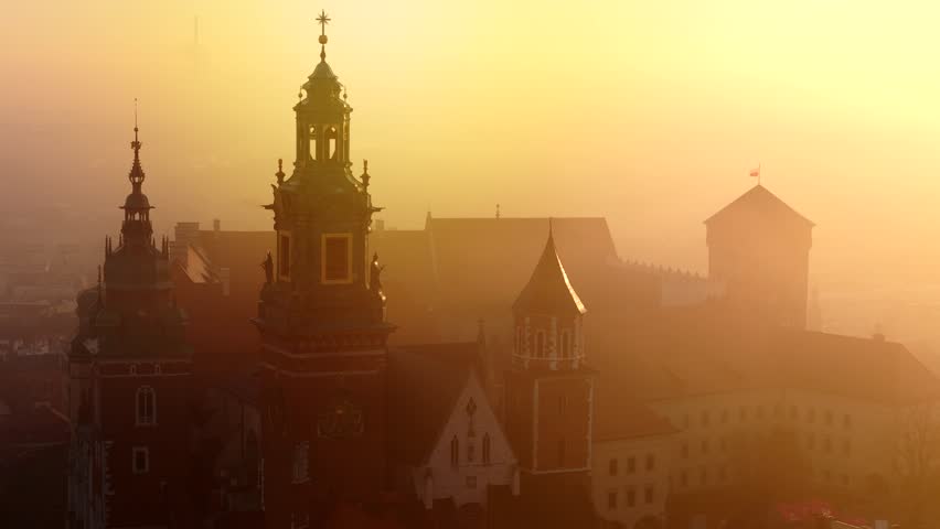 Aerial view of Wawel Castle during foggy sunrise, Krakow, Poland