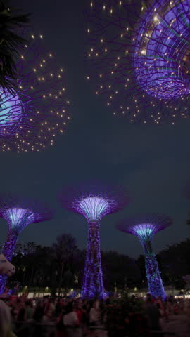 Light show at Gardens by the Bay Singapore. Tourist spots night light show in Asia.