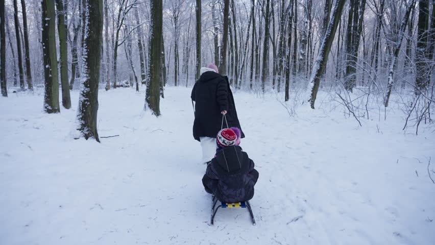 Mom sledding children in a snowy forest. Happy childhood games in winter. Time spent together as a family.