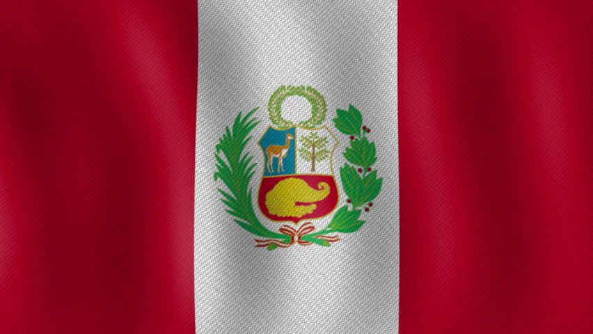 A close-up view of the Peruvian flag, featuring its distinctive red and white stripes and the national coat of arms, gently waving in the breeze.